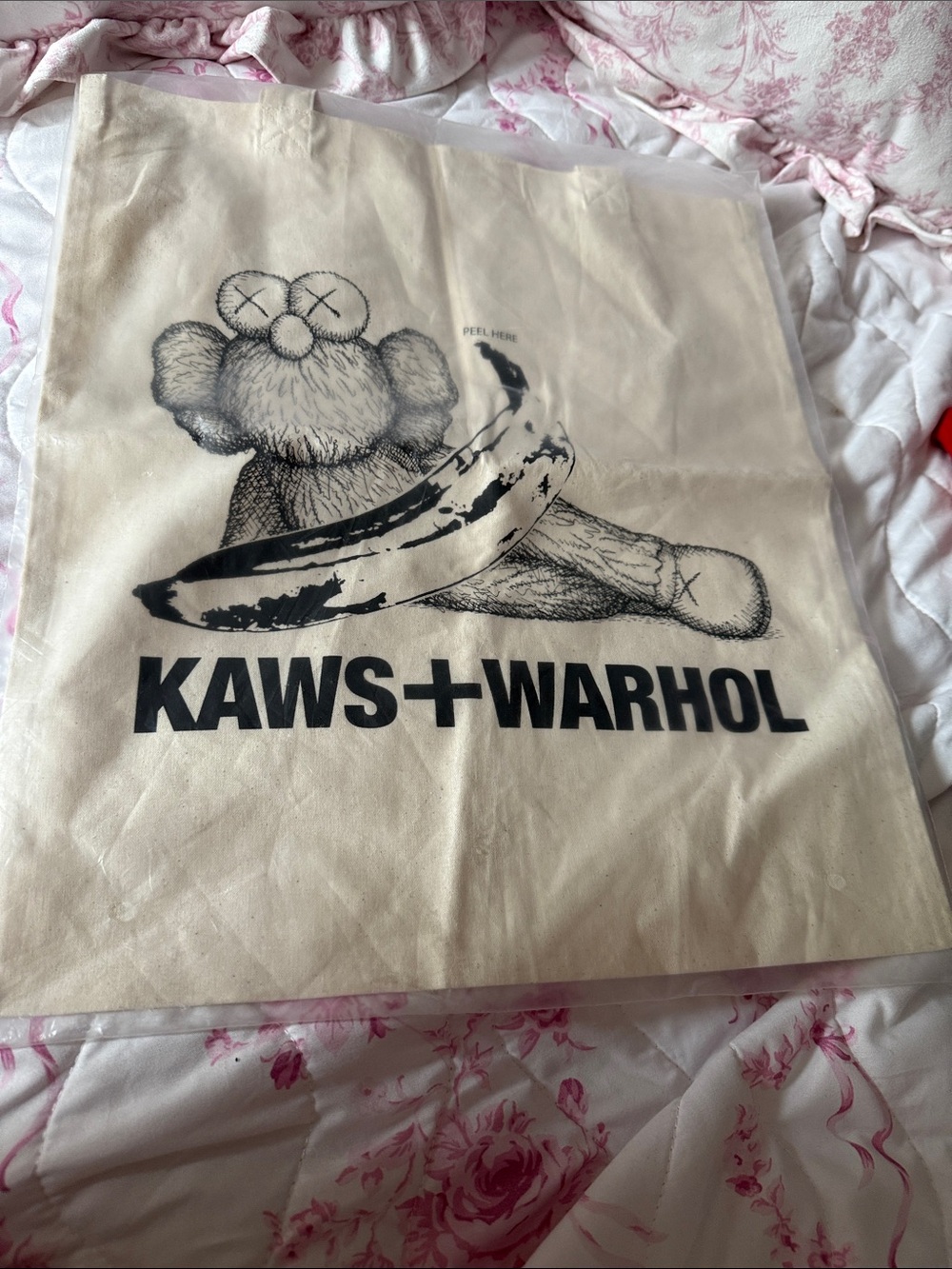 Uniqlo x KAWS Beige Canvas Tote with Black Graphic Banana Print